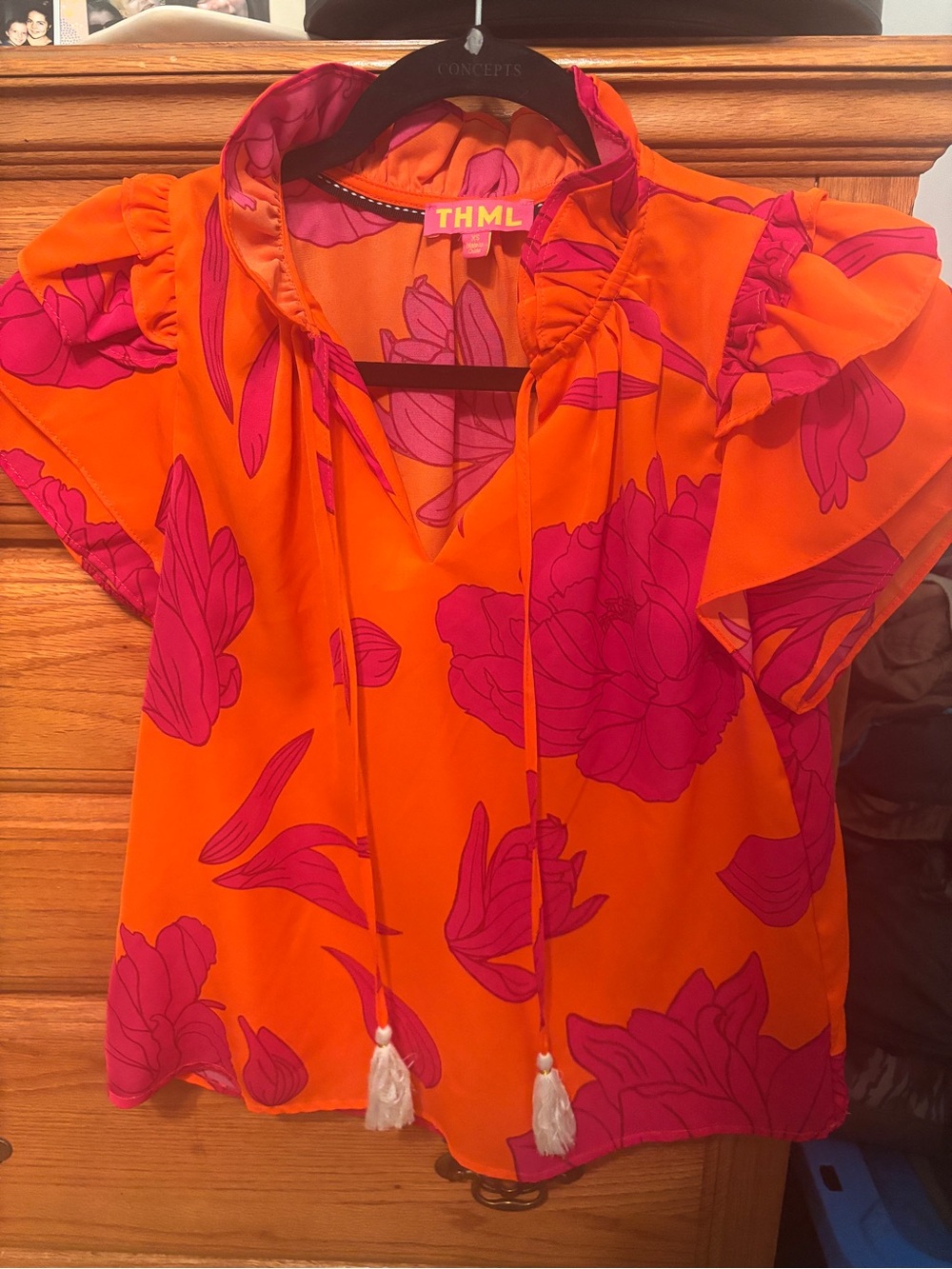 THML Orange Blouse with Fuchsia Floral Print and Tie Neck